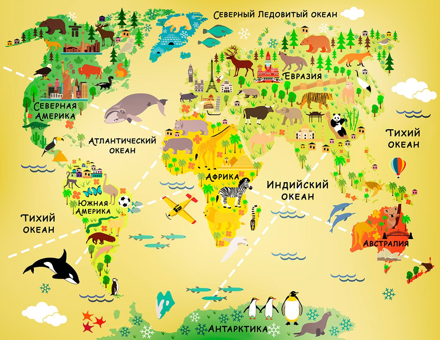 Карта мира - Фотообои в Екатеринбурге для детской комнаты с картой мира нарусском языке. Заказать обои в детскую комнату Карта мира - (14457)