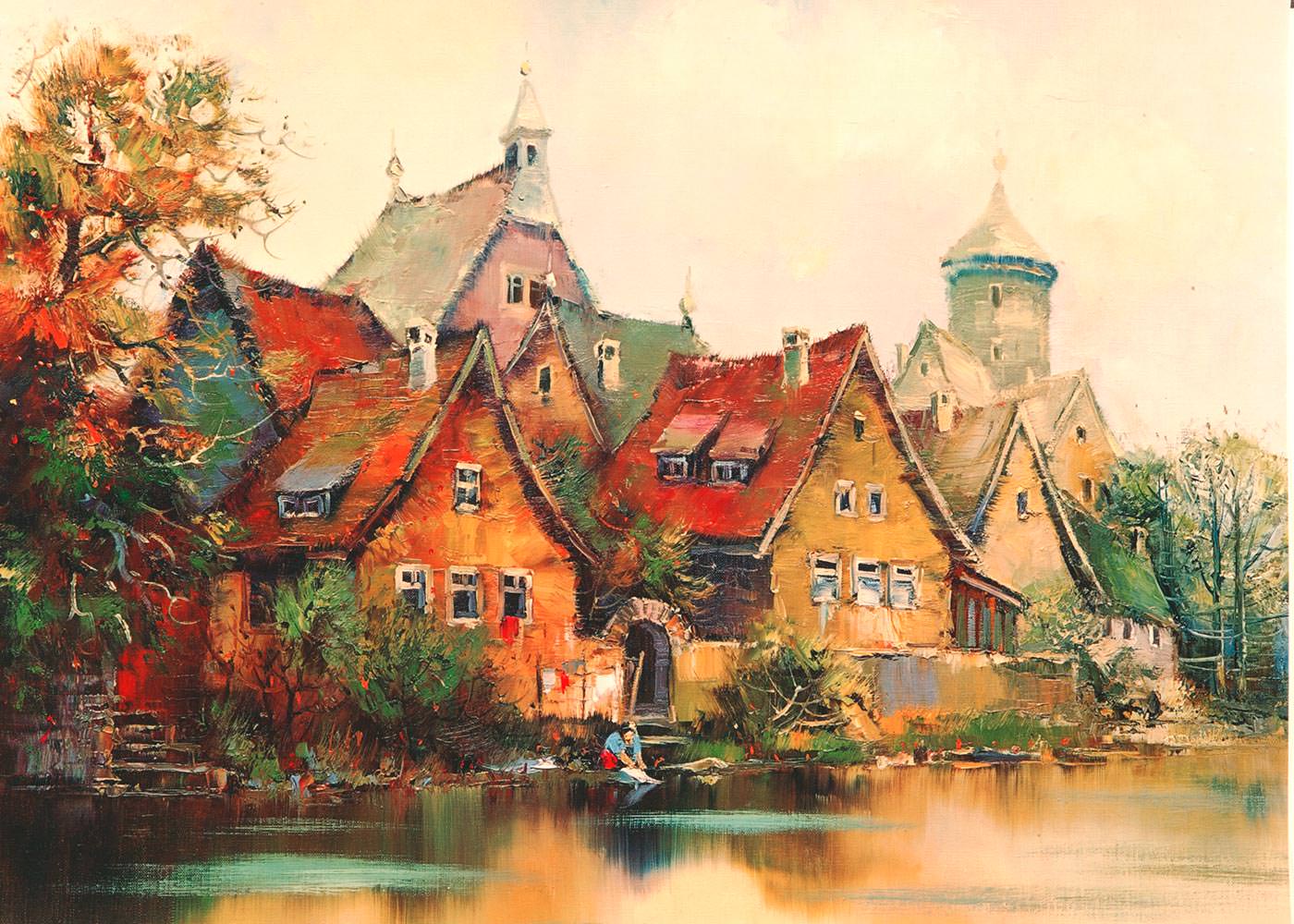 Artes ru. Европейские домики картины. Картина дома на берегу реки немецкий город. Оригинальные рисунки для фотообоев.